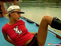 Free Sex Check Out This Sassy Teen In Leather Masturbating Nicely On The Boat's Hood